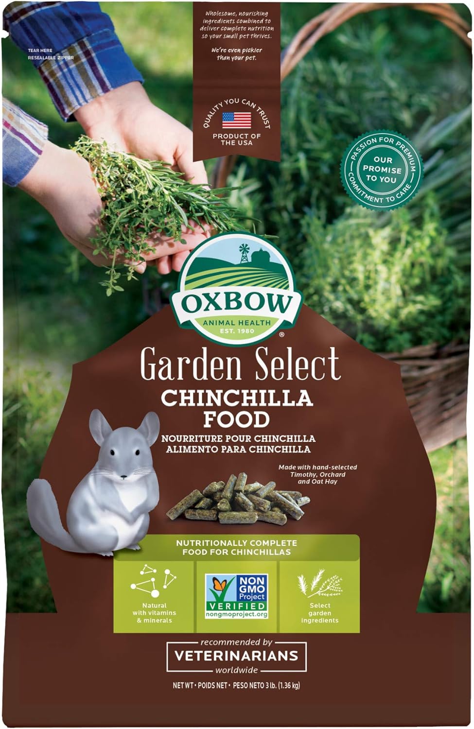 Oxbow Animal Health Garden Select Chinchilla Food front view of three pound packaging
