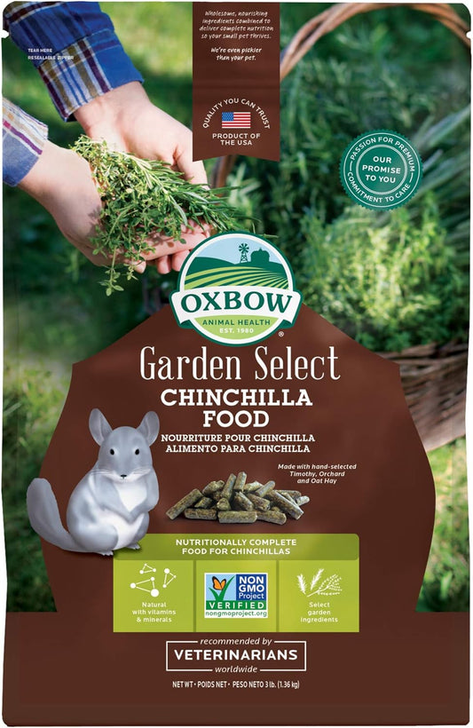 Oxbow Animal Health Garden Select Chinchilla Food front view of three pound packaging