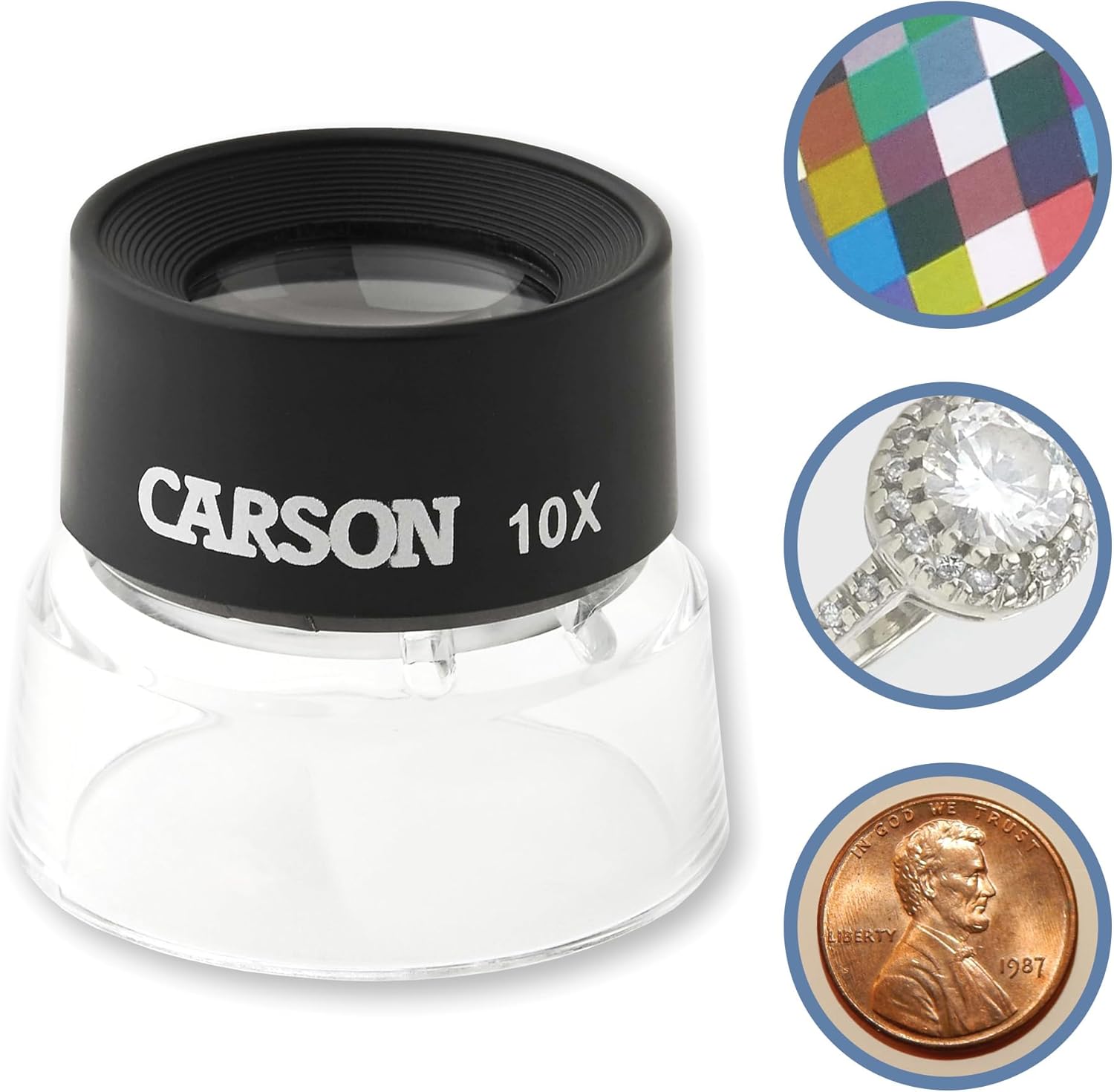 Carson LumiLoupe 10x stand magnifier front view showing transparent acrylic base