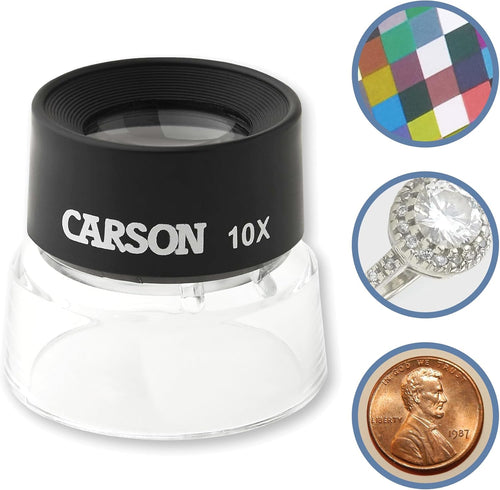 Carson LumiLoupe 10x stand magnifier front view showing transparent acrylic base