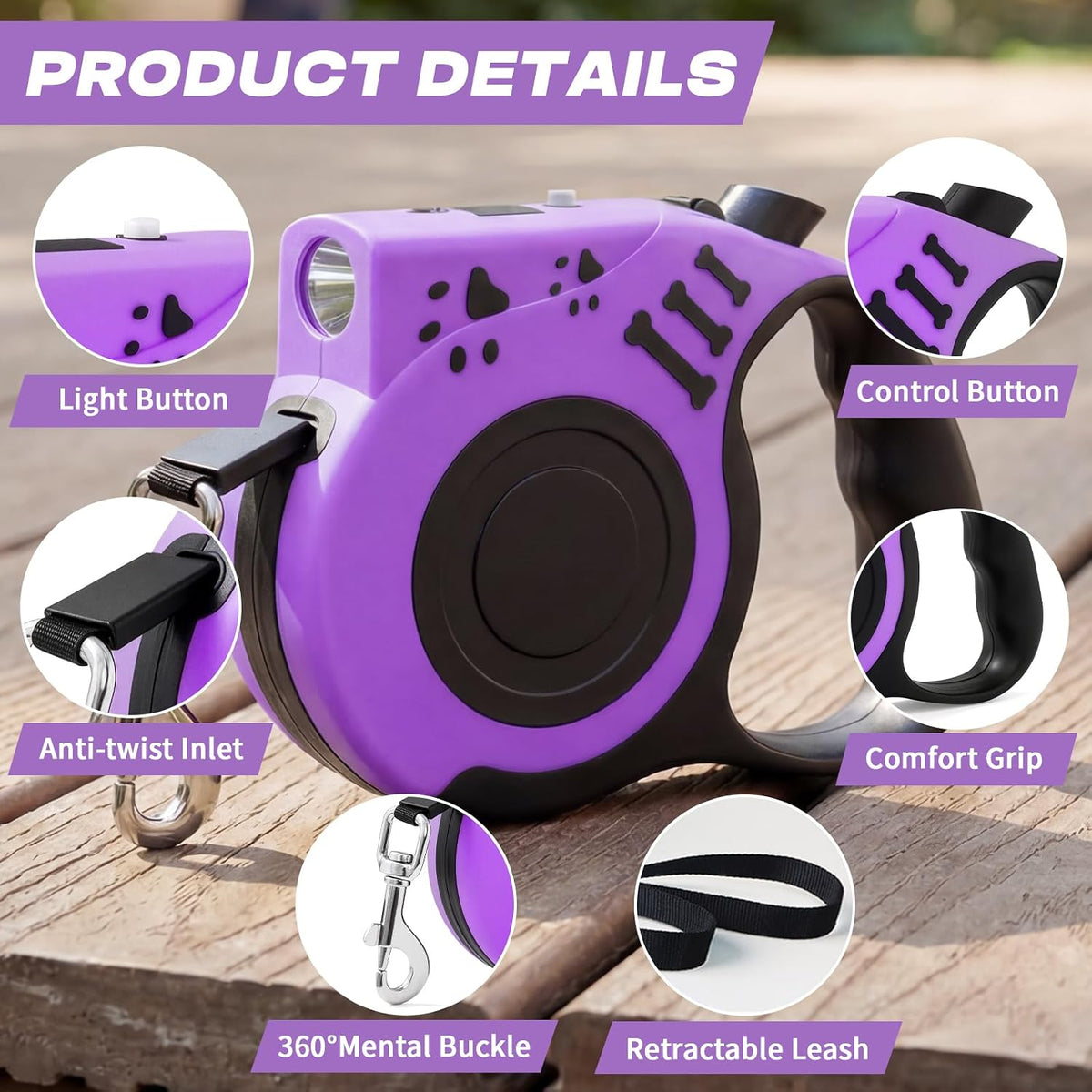 Side profile of cosowo dog leash showing flashlight beam