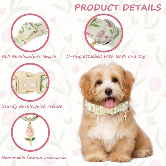 Adjustable floral dog collar with matching pendant detail