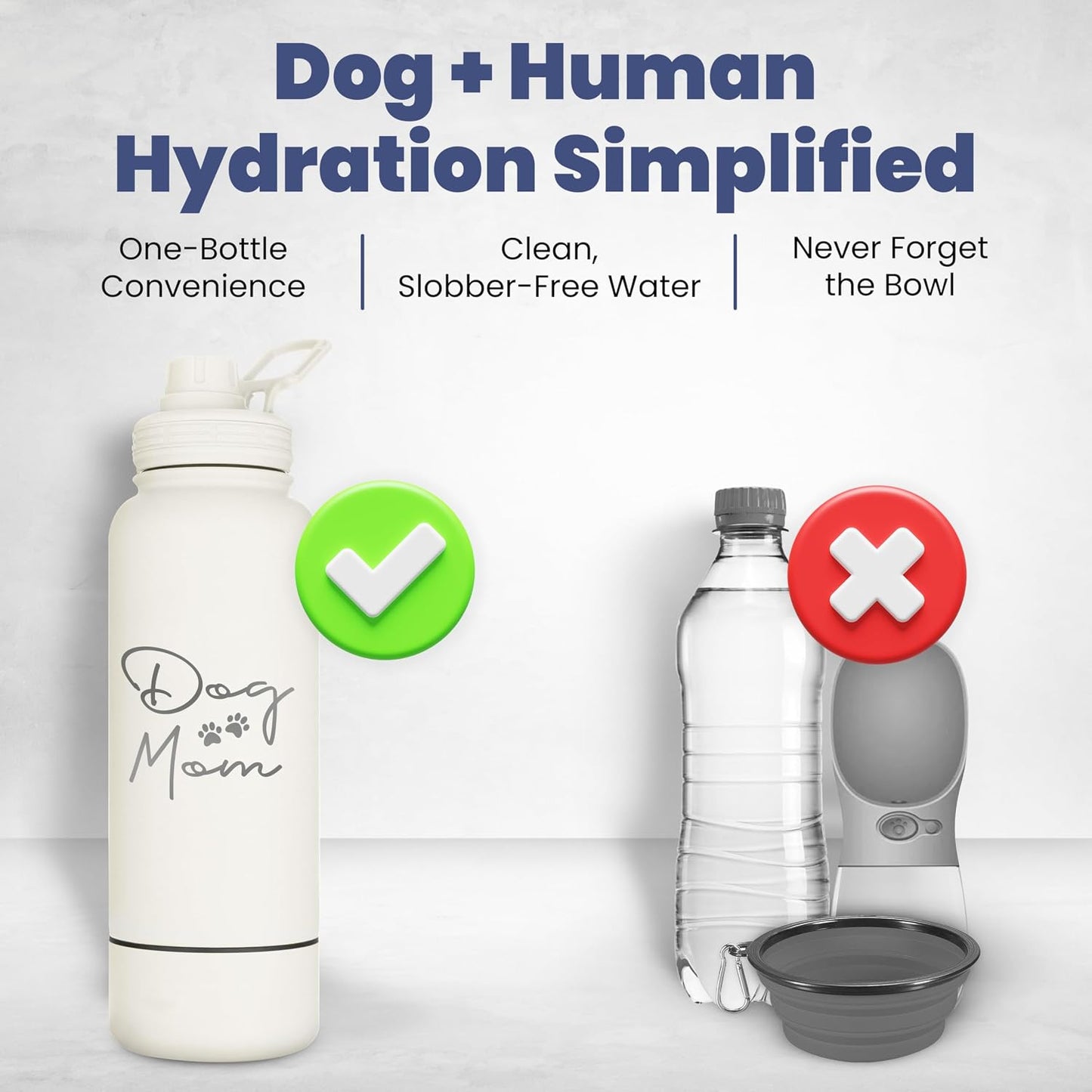 Premium two in one human and pet hydration bottle with detached bottom dog bowl.