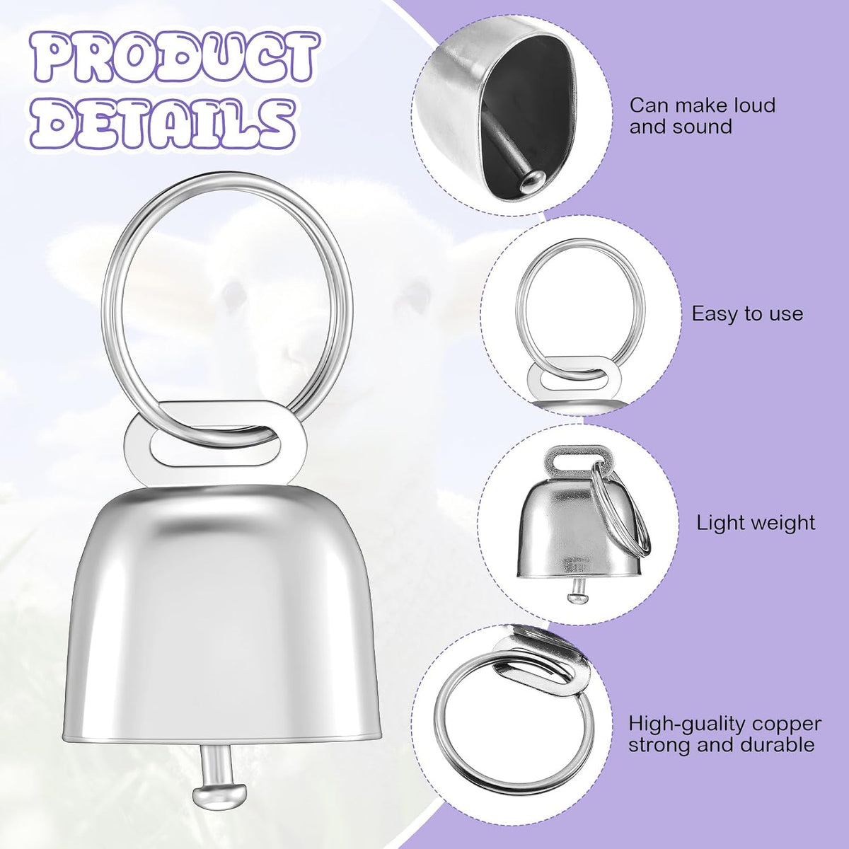 Durable grazing copper bell with metal loop hardware attached to the alloy D ring of the purple Talltalk collar.