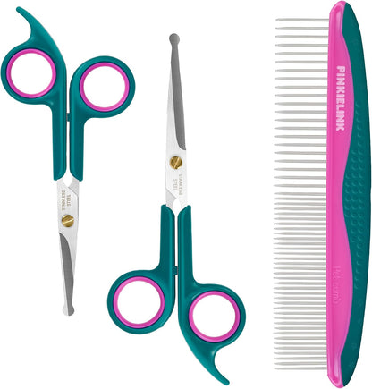 Detailed view of ergonomic handle on pet grooming shears