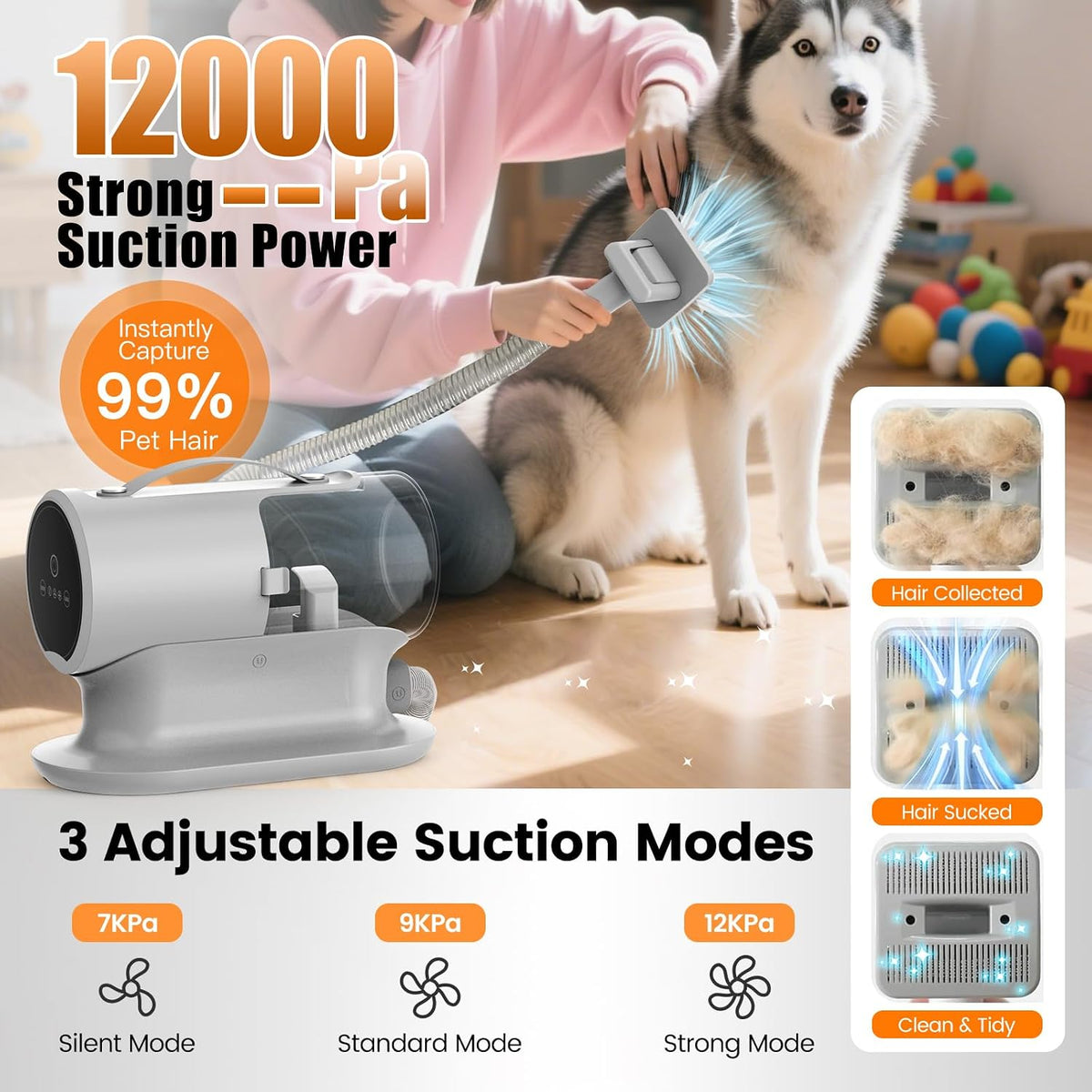 AIRROBO pet vacuum kit for shedding grooming with eight professional tools arranged neatly.
