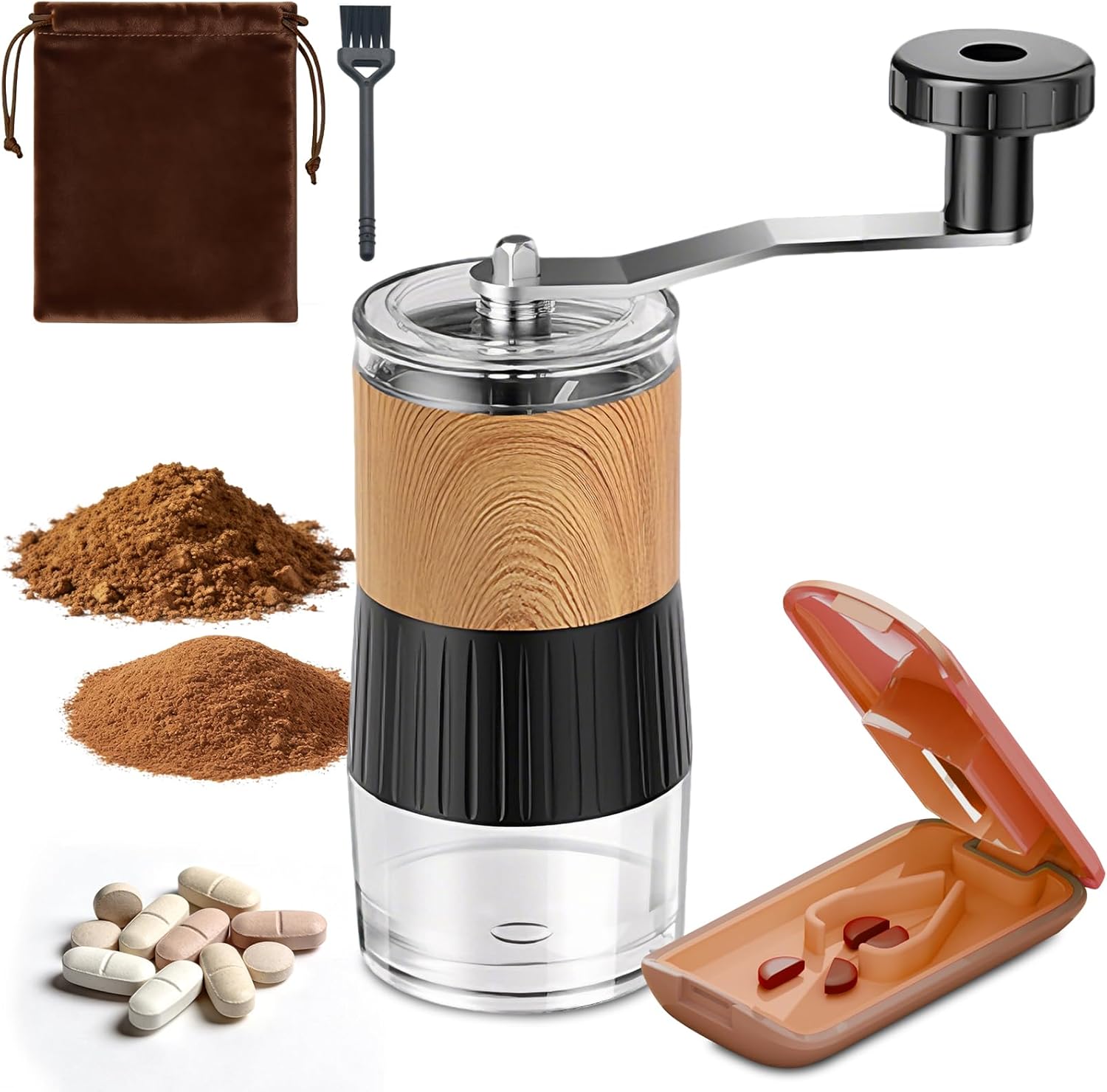 Xylira pill crusher front view showing the stainless steel handle and premium casing for medical care.