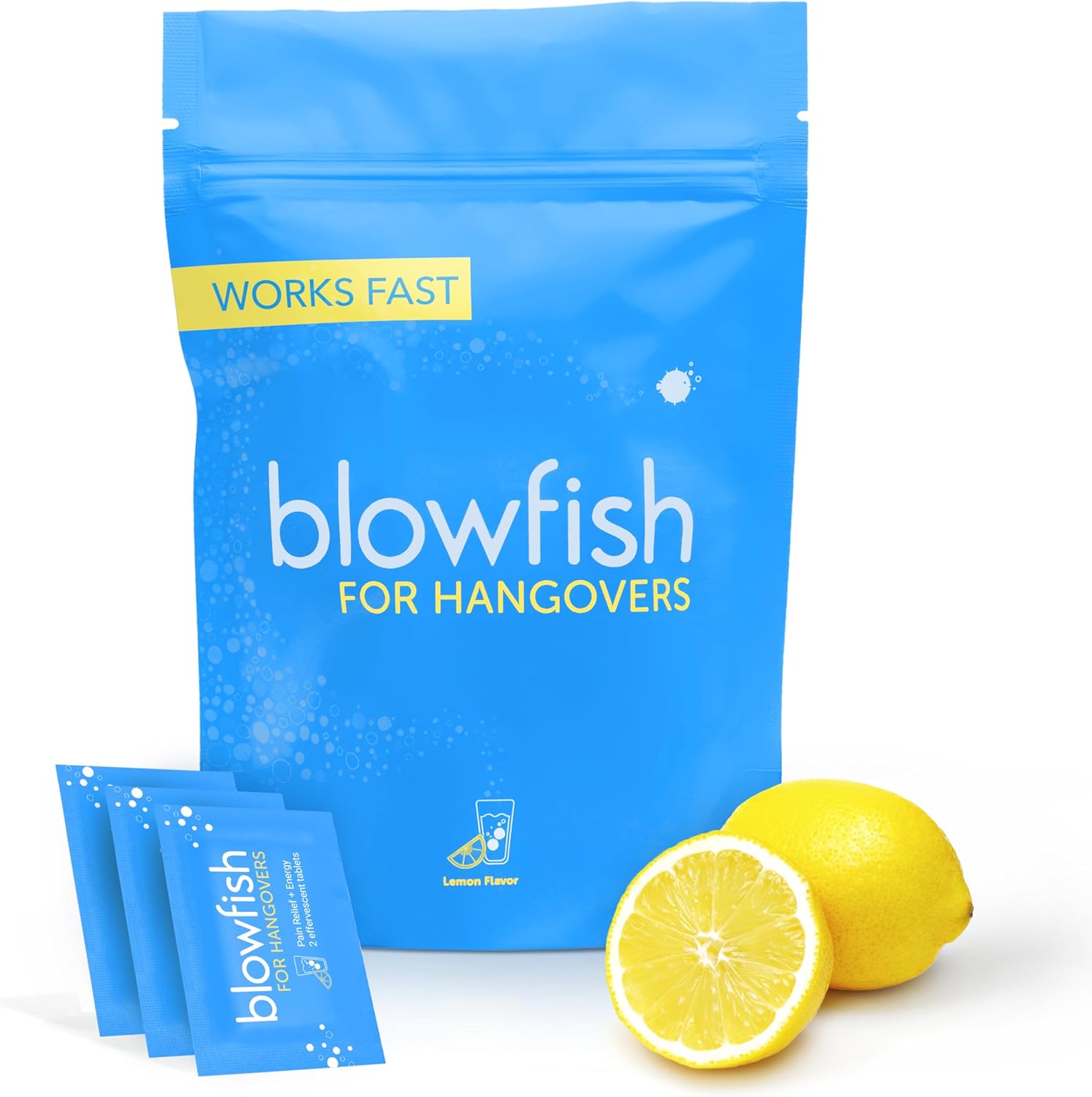 Blowfish Fast Hangover Relief 20 effervescent tablets front packaging showing lemon flavor benefits
