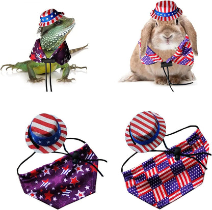Small reptile wearing patriotic flag top hat and cloak