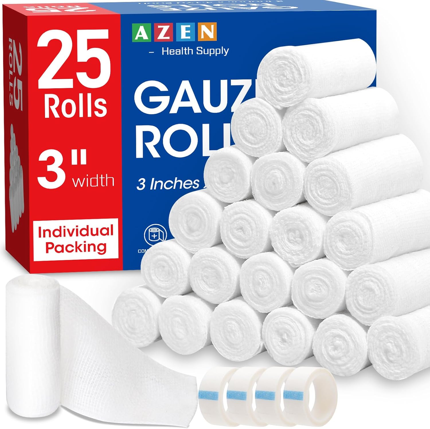 AZEN 25 Pack Gauze Rolls front view showing premium first aid bandages package.