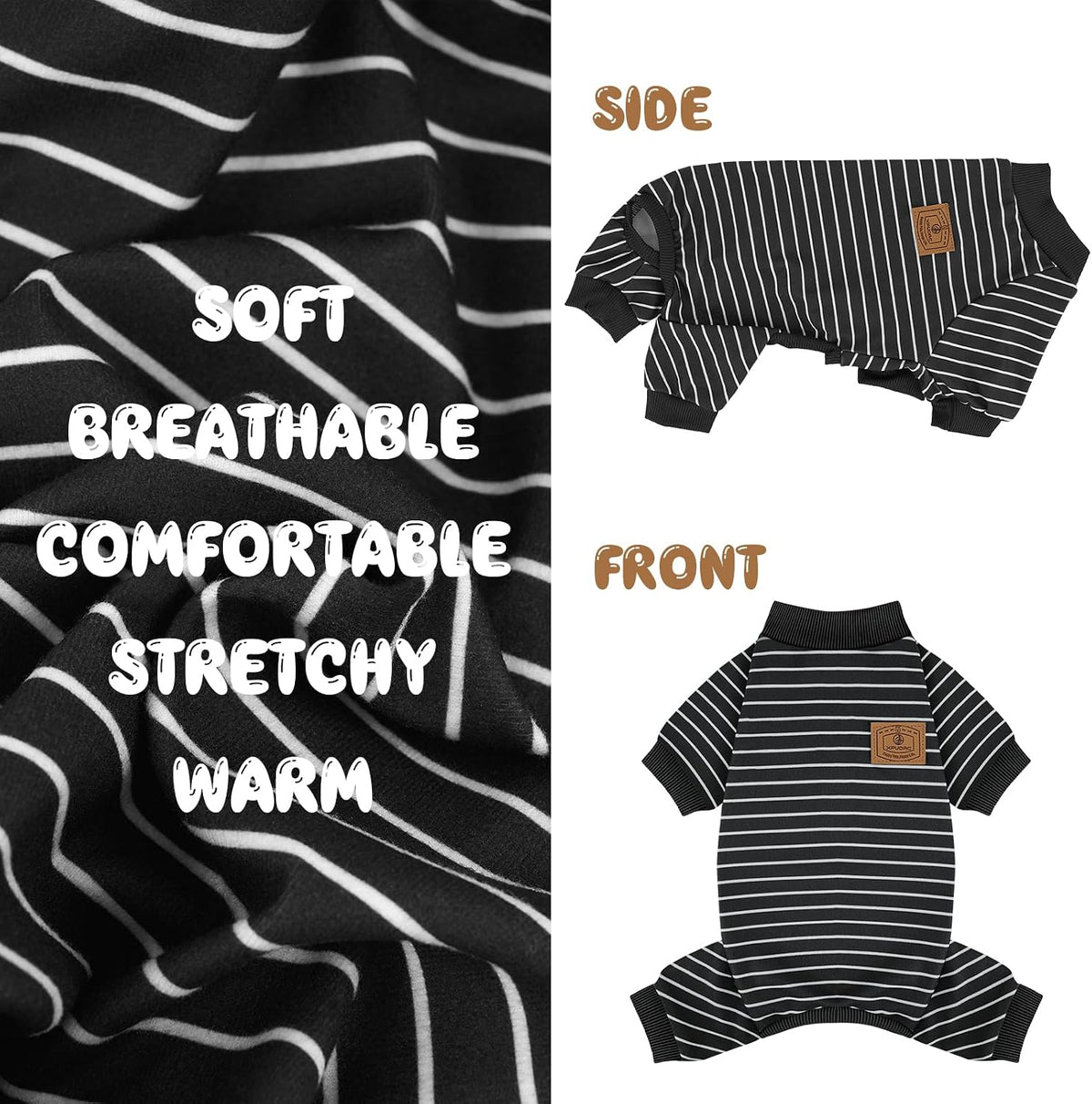Packaging view of the four premium imported pet onesies.