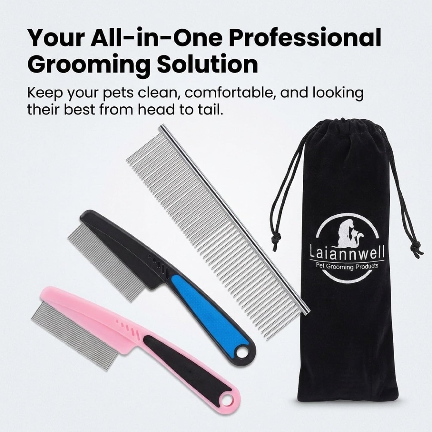 Cat grooming kit displaying smooth rounded metal pins safe for sensitive pet skin.