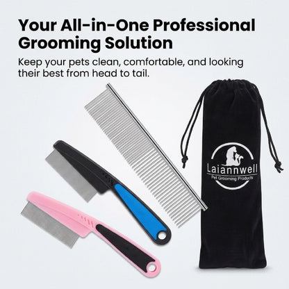 Cat grooming kit displaying smooth rounded metal pins safe for sensitive pet skin.