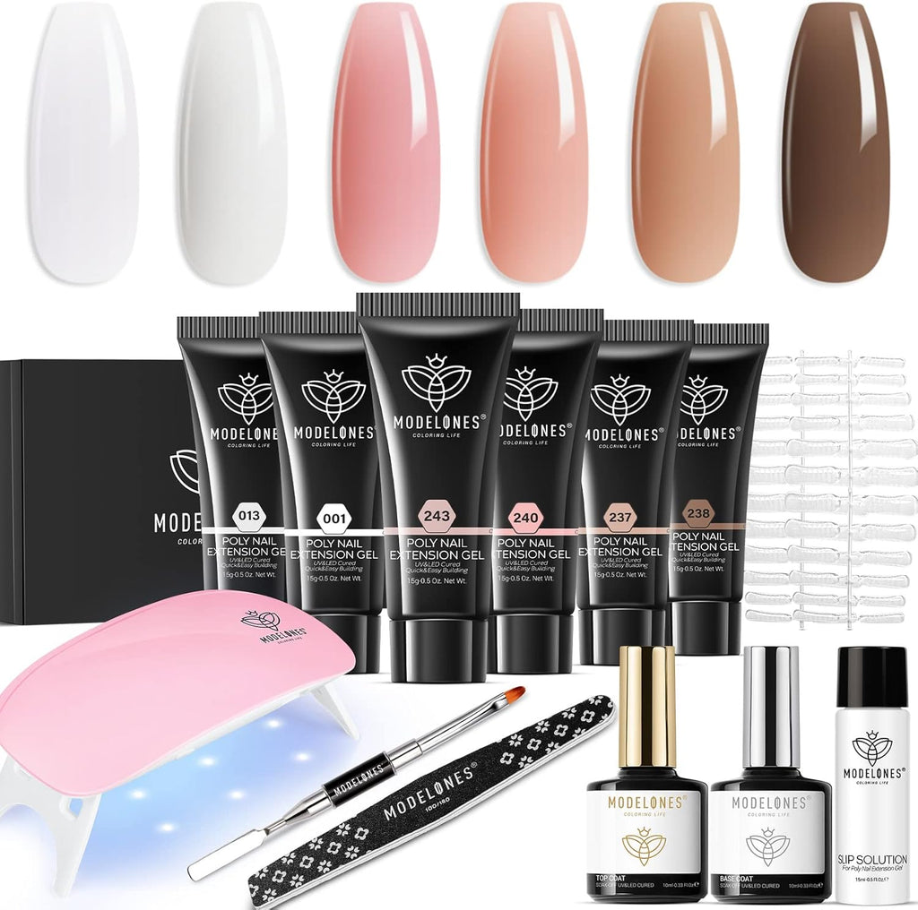 Modelones poly nail extension gel kit front view with 6 colors and mini LED lamp