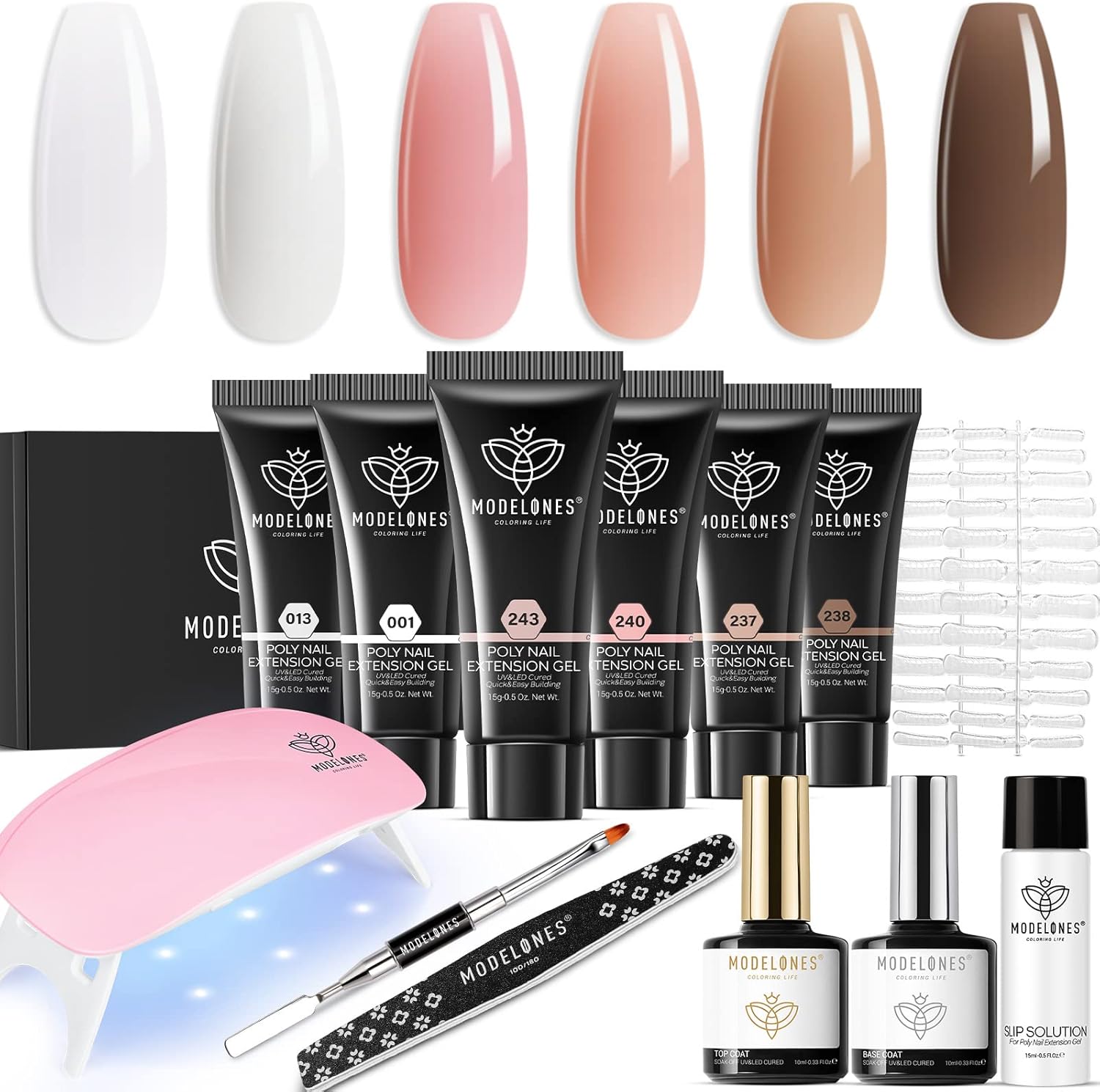 Modelones Poly Nail Extension Gel Kit, 6 Colors Clear Nude Pink Poly Builder Nail Gel Nail Thickening Strengthen with 6W Mini LED Nail Lamp Quicky-Dry Portable Set for Manicure Beginner Easy Use Beauty Gifts - Image 1