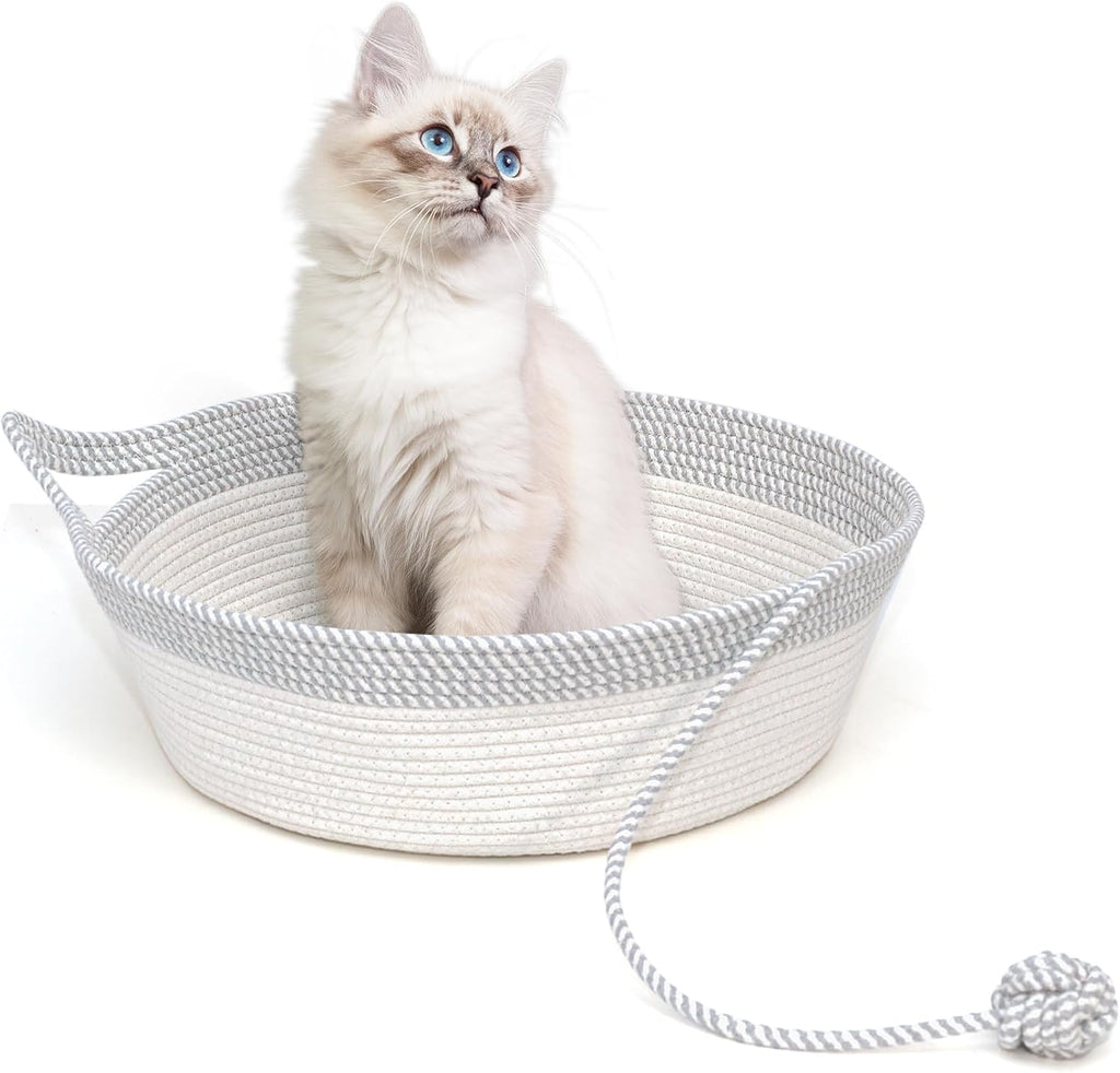 Cotton Rope Woven Cat Bed, Pet Sleeping Bed with a Playing Rope Ball, Foldable Sleeping Basket for Cats, Puppies, Rabbits and Small Pets (Large, Brown & Beige) - Image 11