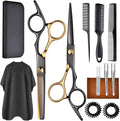 Maycreate professional hair cutting scissors kit front view displaying black stainless steel shears with gold accents.