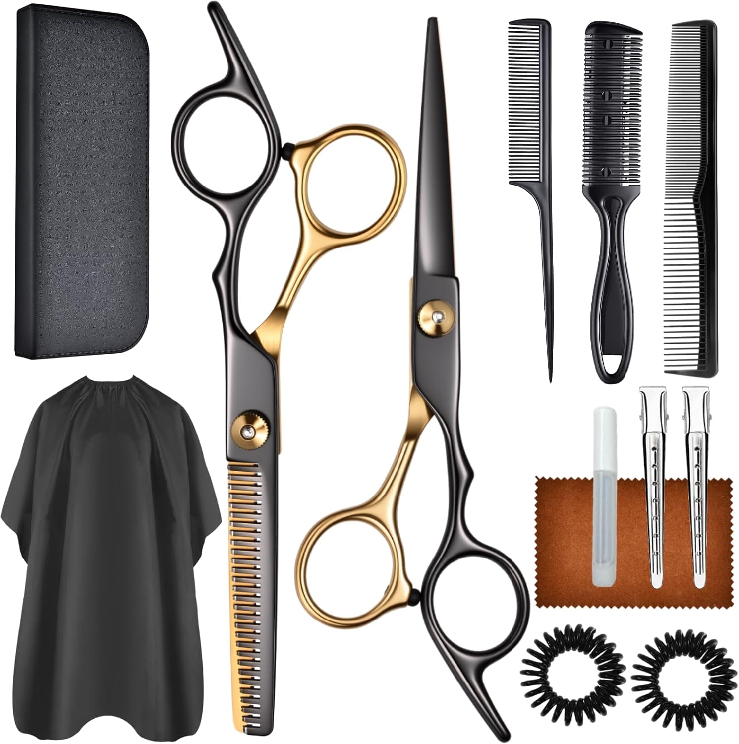 Maycreate professional hair cutting scissors kit front view displaying black stainless steel shears with gold accents.