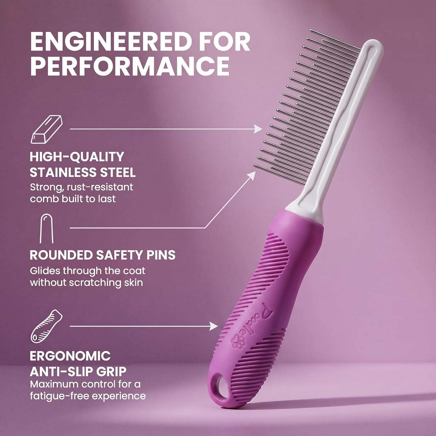 Poodlie dual-action steel comb being used gently on a curly-furred poodle mix puppy undercoat