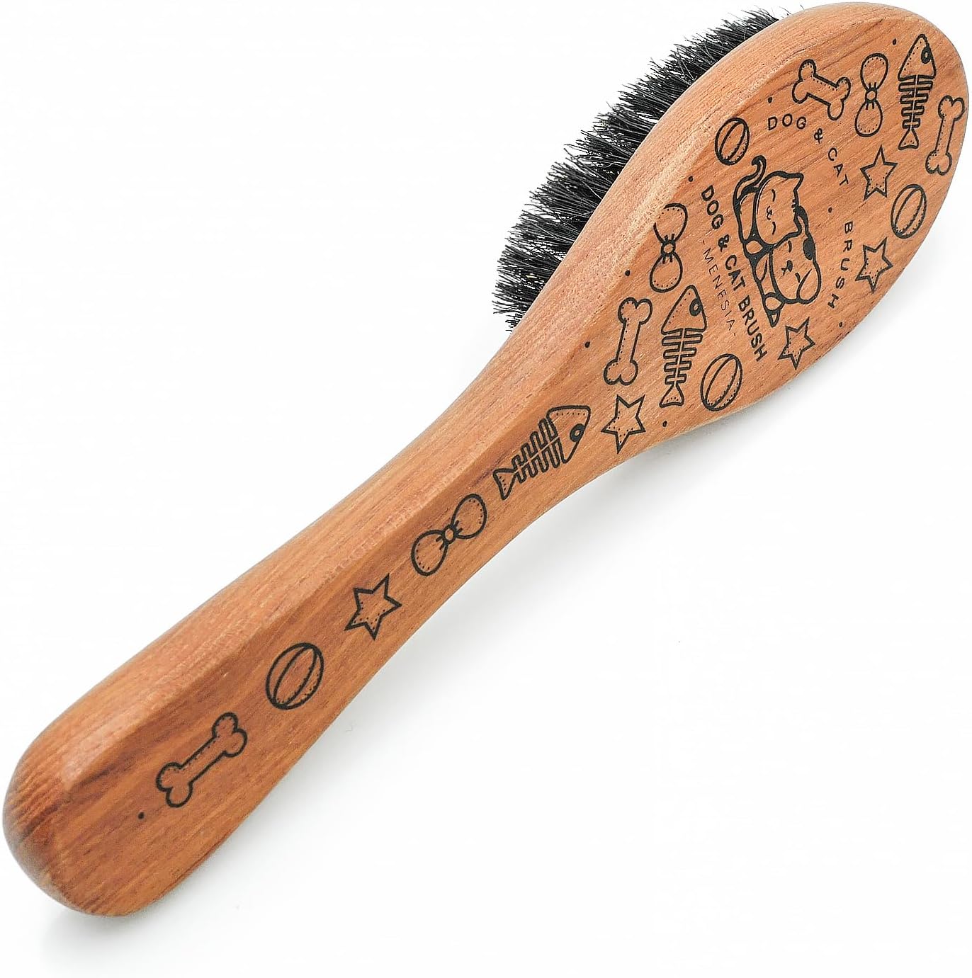 Close up view of the zero point seven inch soft boar bristles on Menesia brush