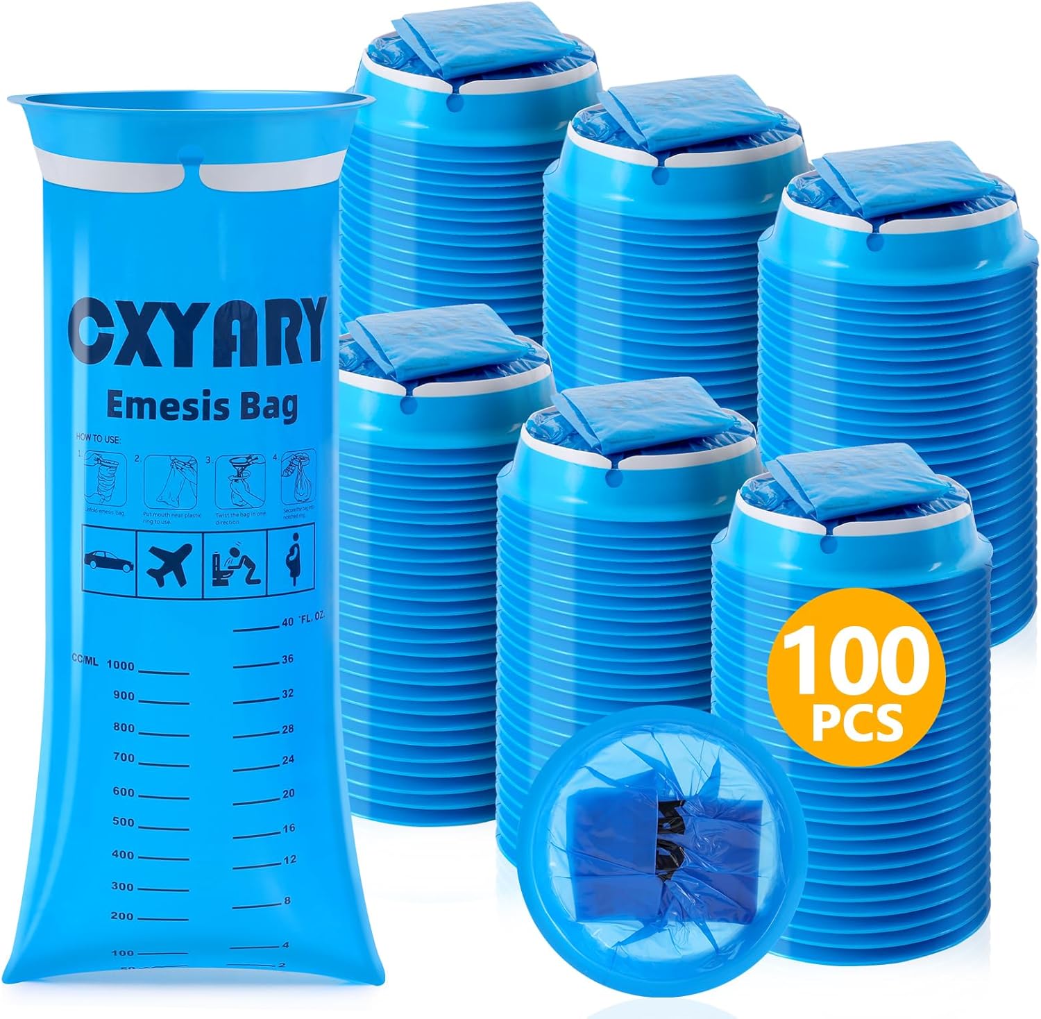 CXYARY disposable vomit bags 100 pack front view showing the wide rigid rim opening.