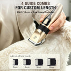 Gold pet hair trimmer showing the adjustable length dial