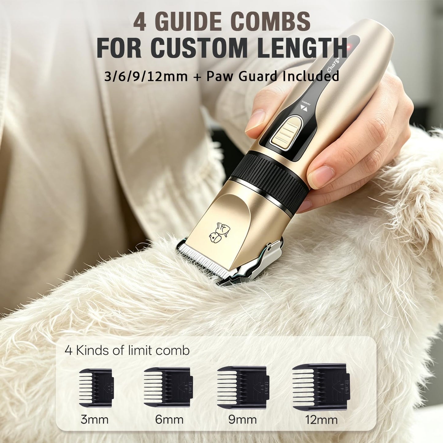 Gold pet hair trimmer showing the adjustable length dial