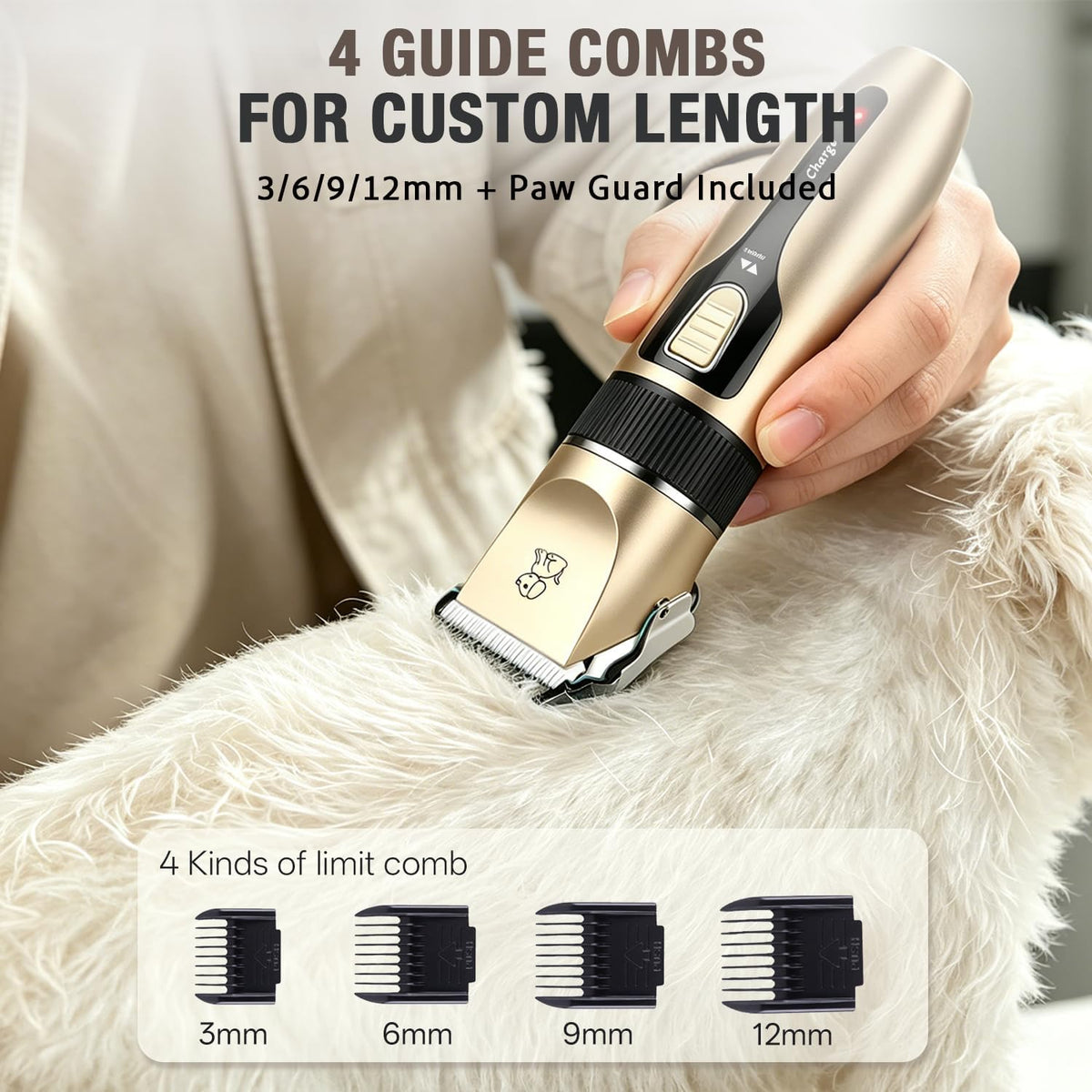 Gold pet hair trimmer showing the adjustable length dial