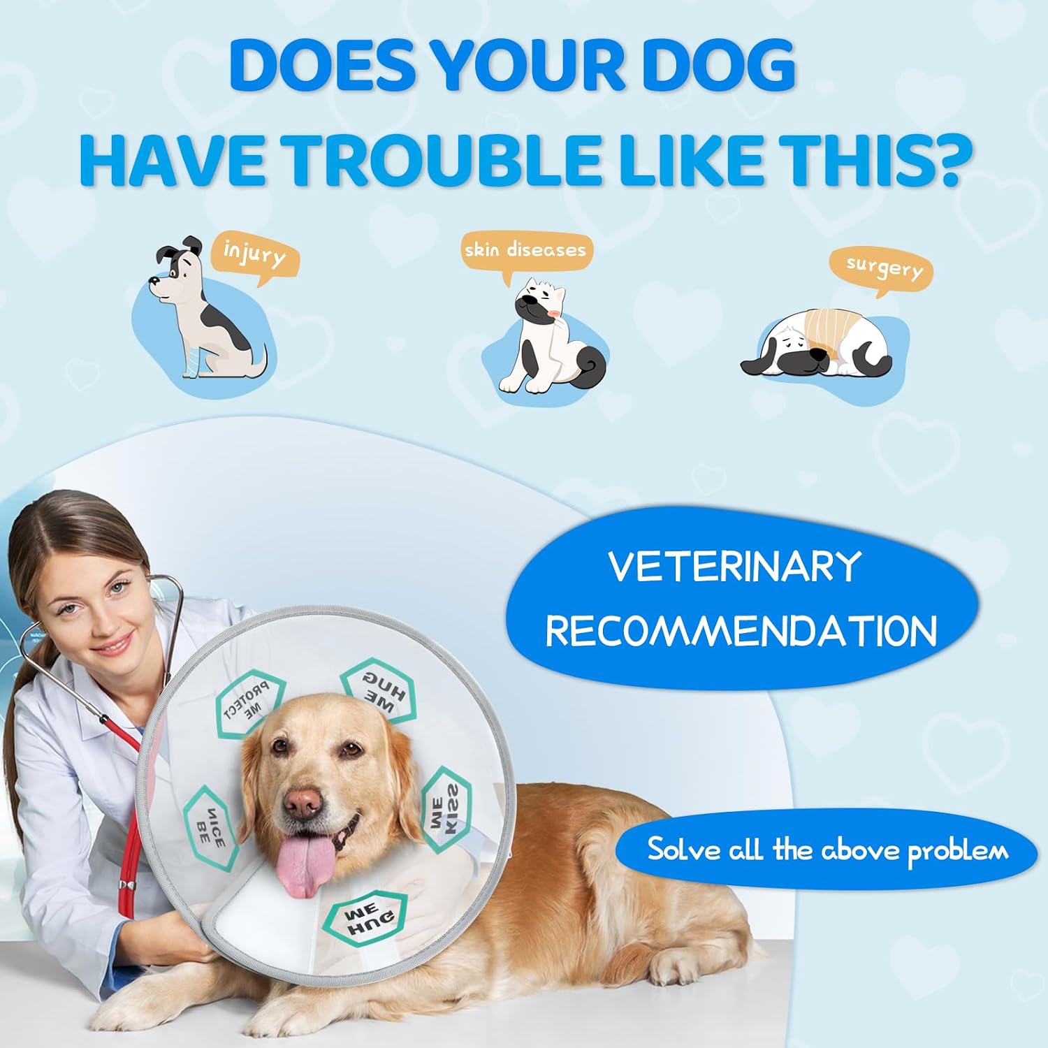Soft fabric padded edges on the Supet dog neck cone to prevent chafing during recovery.
