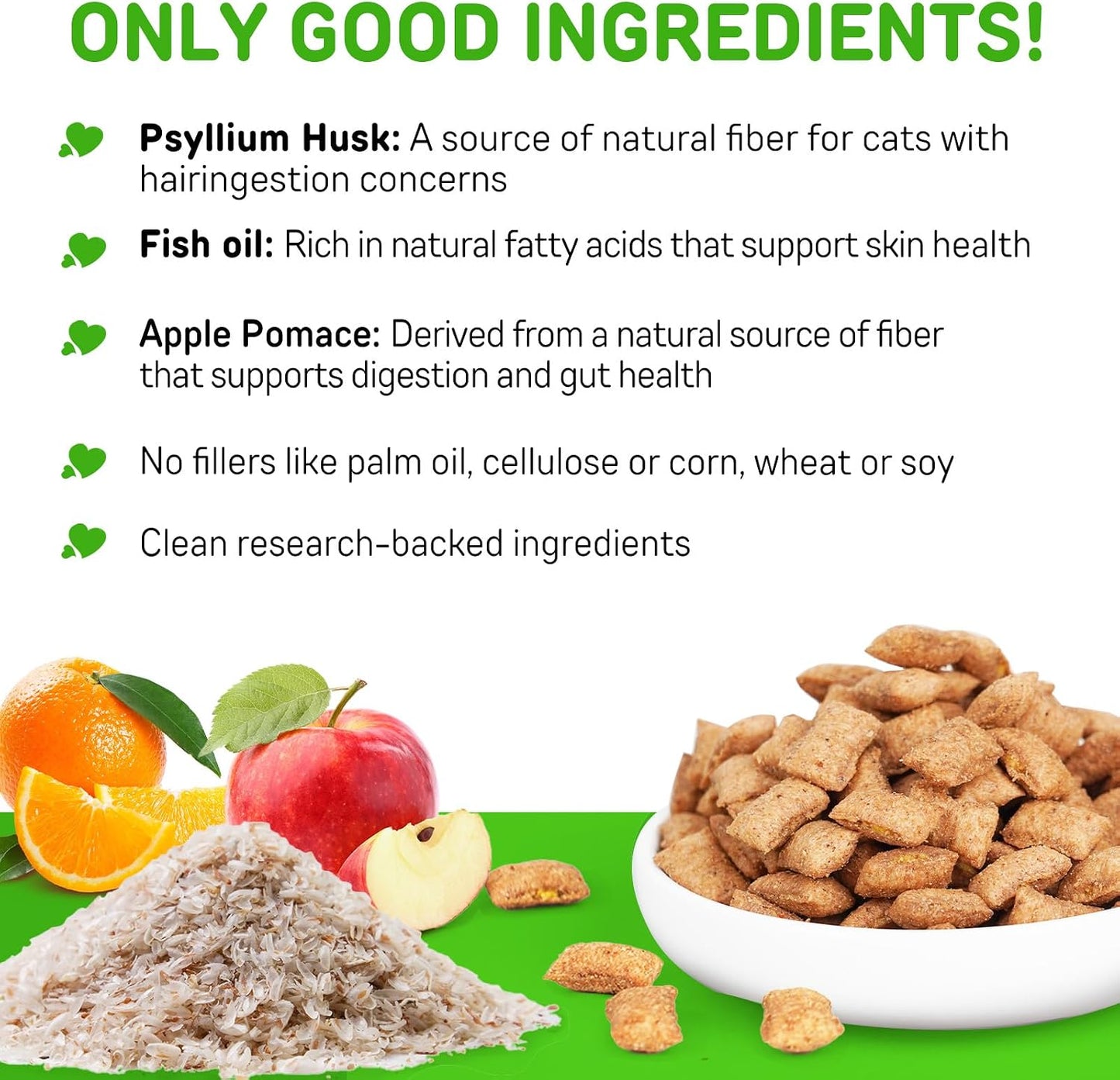 Premium psyllium husk cat supplements for hairball control showing texture and size.