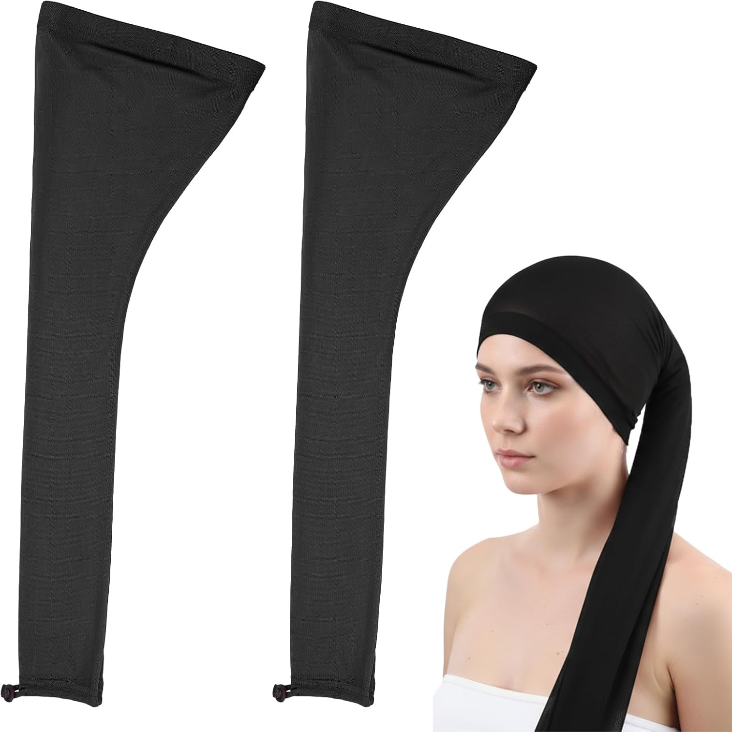 Roaming long hair weave sleeve for braids and locs black front view showing stretch mesh texture