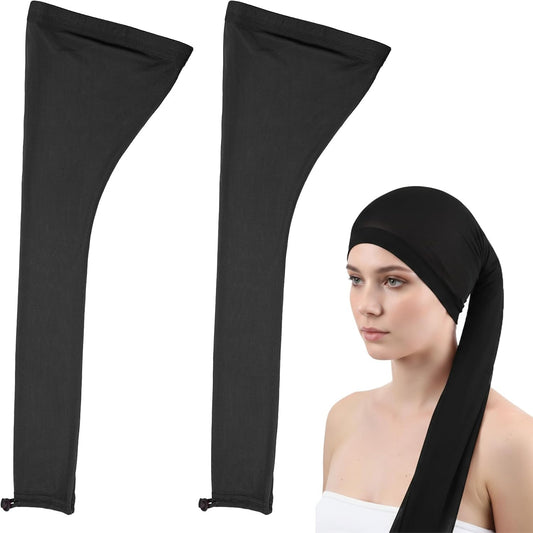 Roaming long hair weave sleeve for braids and locs black front view showing stretch mesh texture