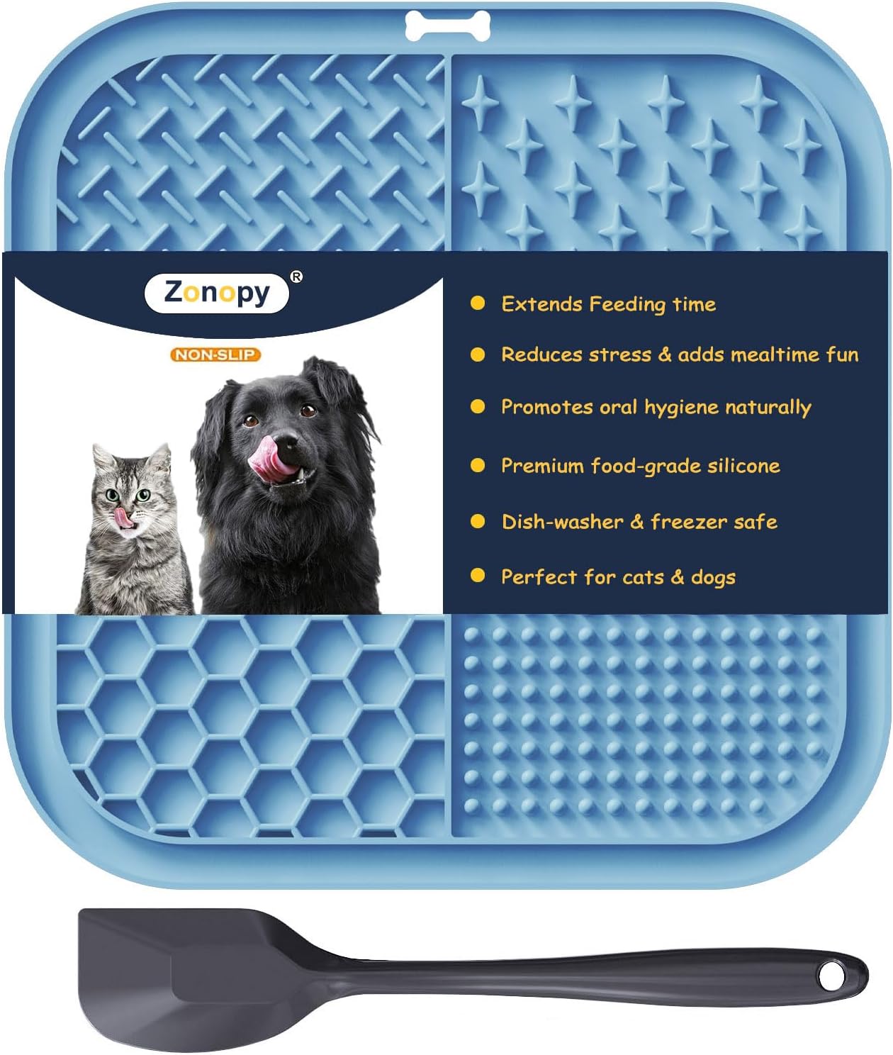 Zonopy Licking Mat for Dogs and Cats front view with treats
