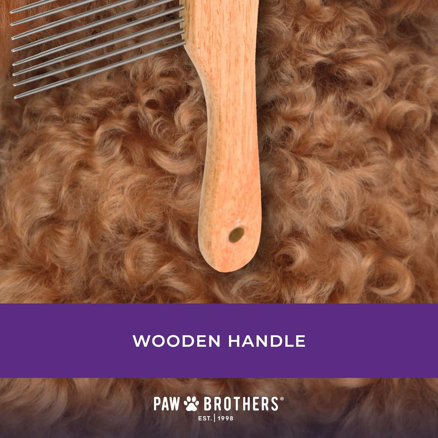 Paw Brothers professional dog dematting comb with stainless steel teeth and wooden handle