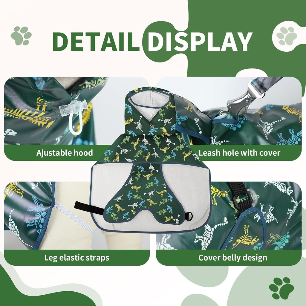 ExploreU adjustable dog rain jacket on a small pet showing belly coverage straps