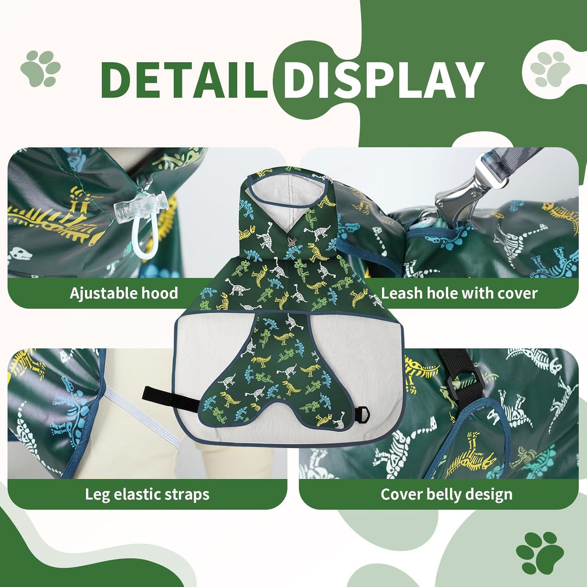 ExploreU adjustable dog rain jacket on a small pet showing belly coverage straps