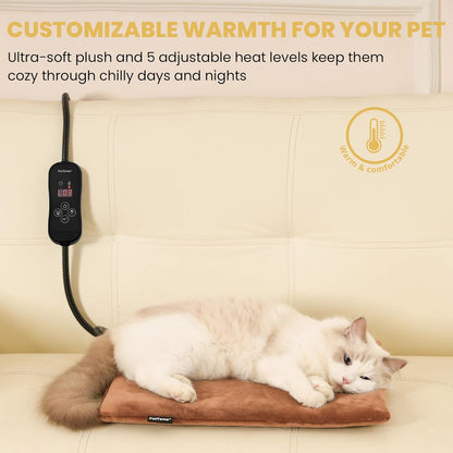 Waterproof heated cat bed mat with five adjustable temperature levels.