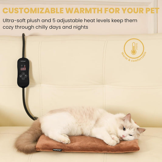 Waterproof heated cat bed mat with five adjustable temperature levels.