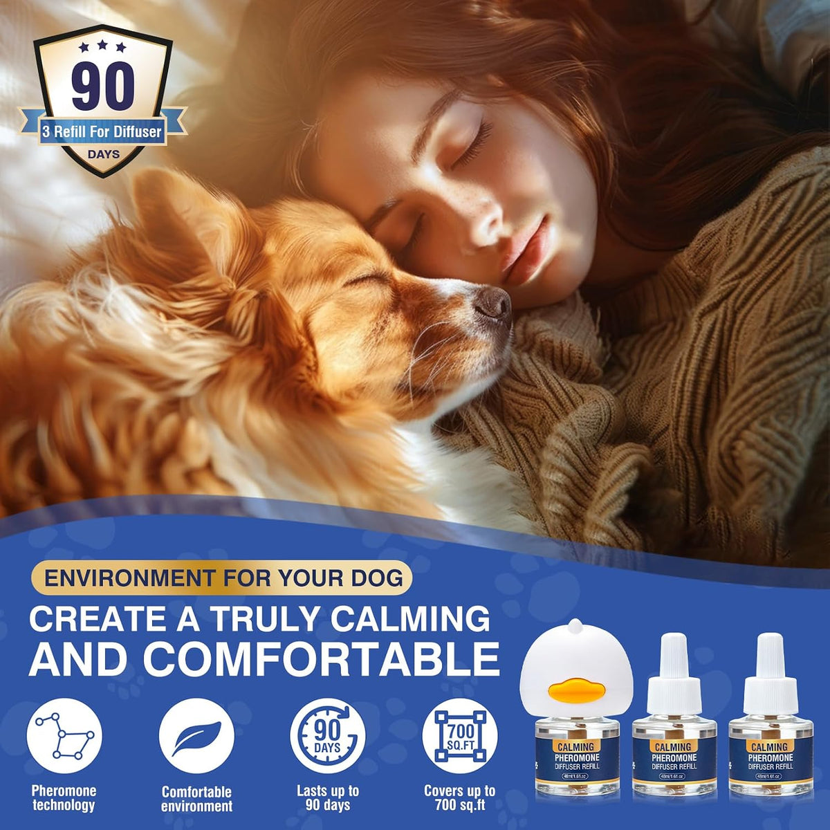 LKBHGF 4 in 1 appeasing pet pheromones diffuser package layout highlighting ninety day anxiety relief supply
