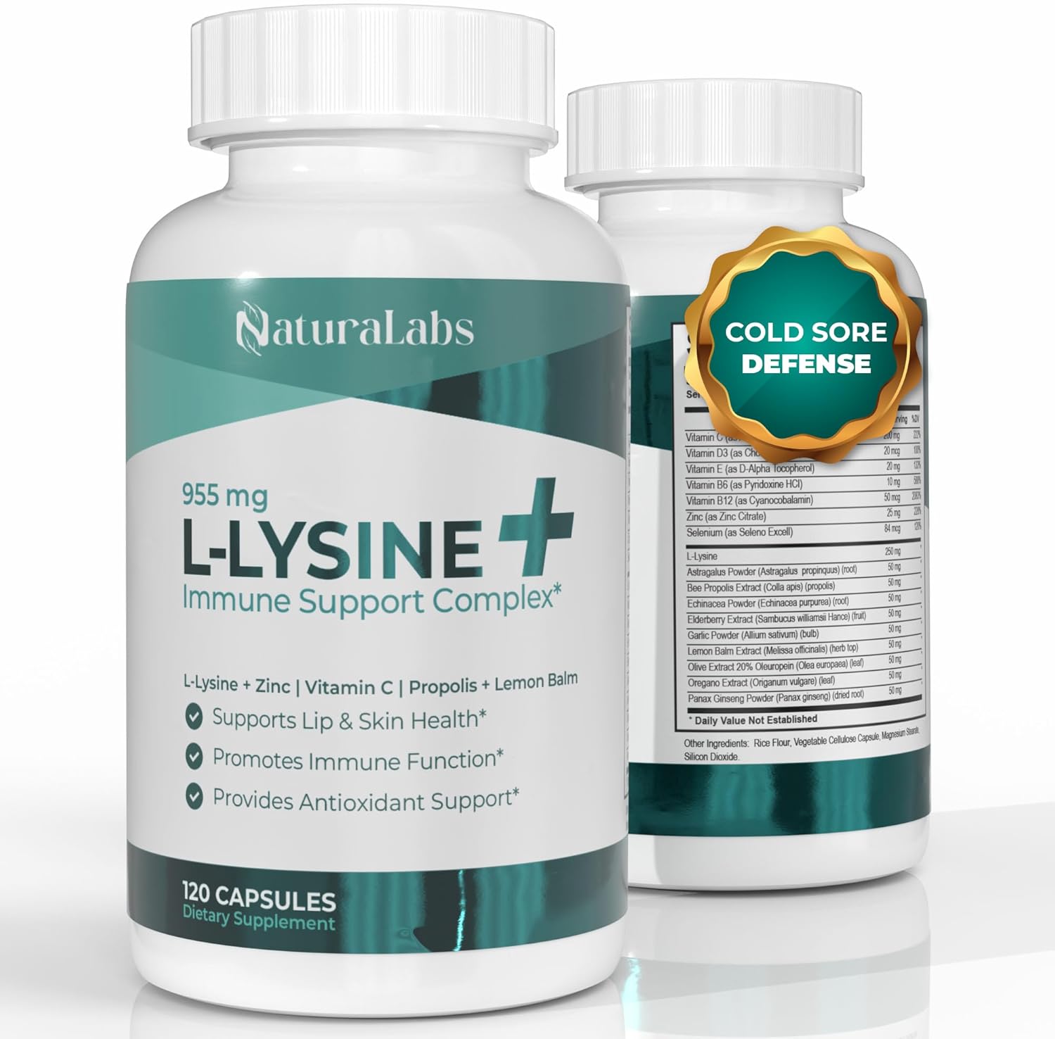 Naturalabs L-Lysine Cold Sore Immune Support Complex 120 vegan capsules front bottle view