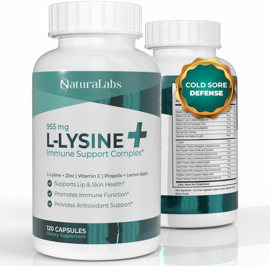 Naturalabs L-Lysine Cold Sore Immune Support Complex 120 vegan capsules front bottle view