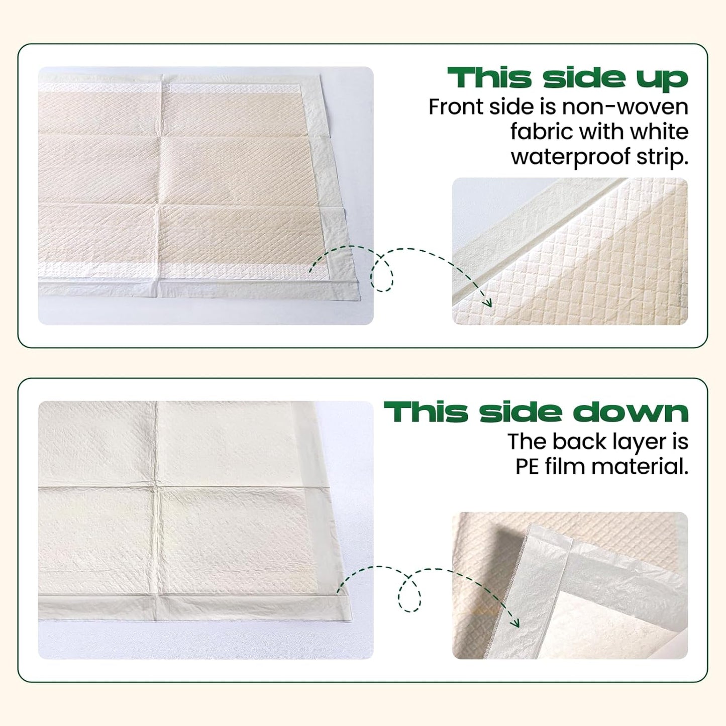 Disposable dog pee pads laid flat showing the grey bamboo absorbing surface.