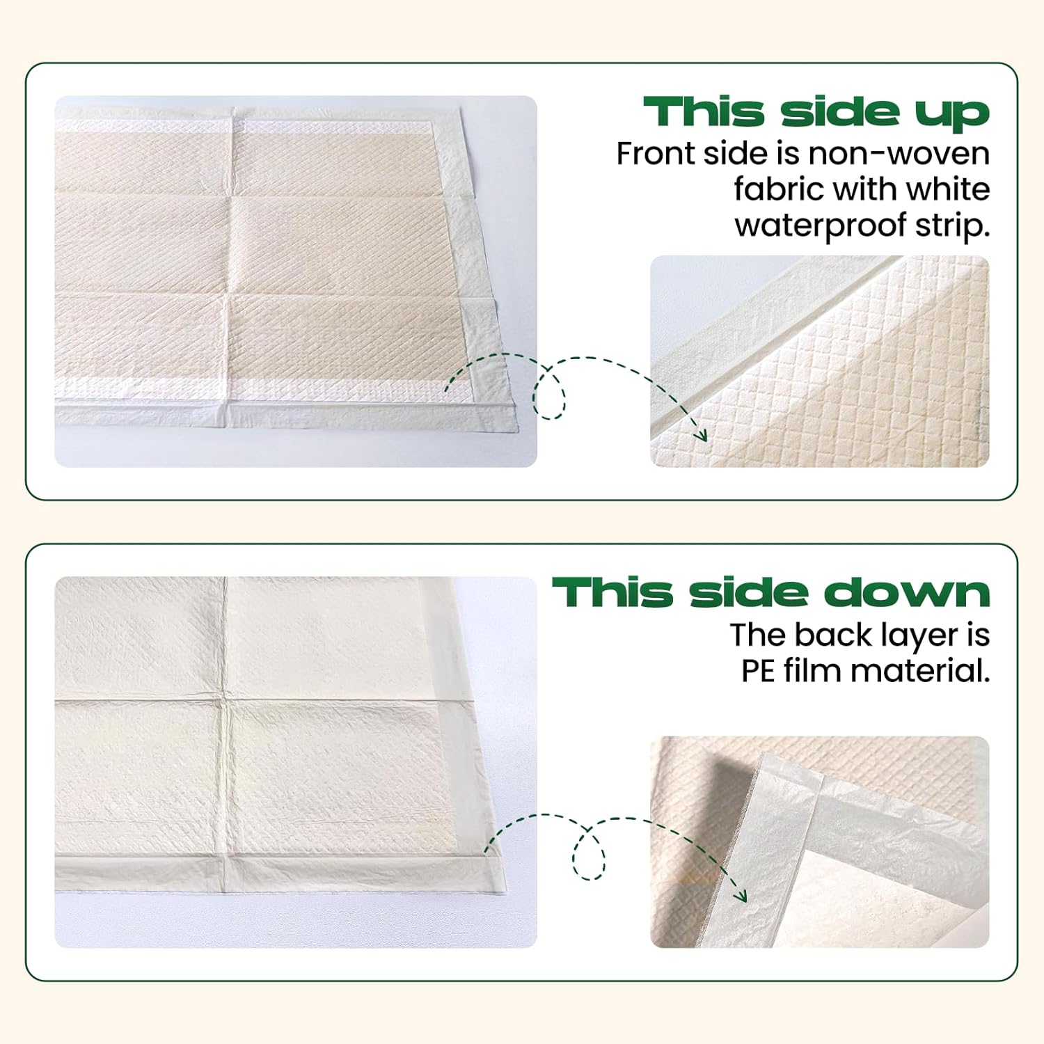 Disposable dog pee pads laid flat showing the grey bamboo absorbing surface.