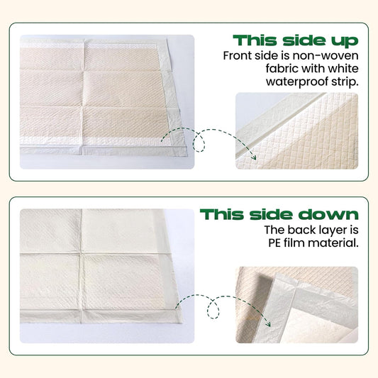 Disposable dog pee pads laid flat showing the grey bamboo absorbing surface.