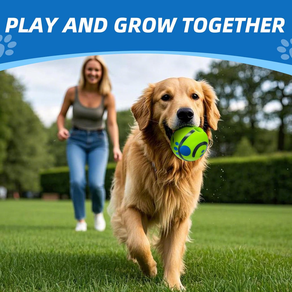 Dog playing with interactive Shake and Laugh ball in grass