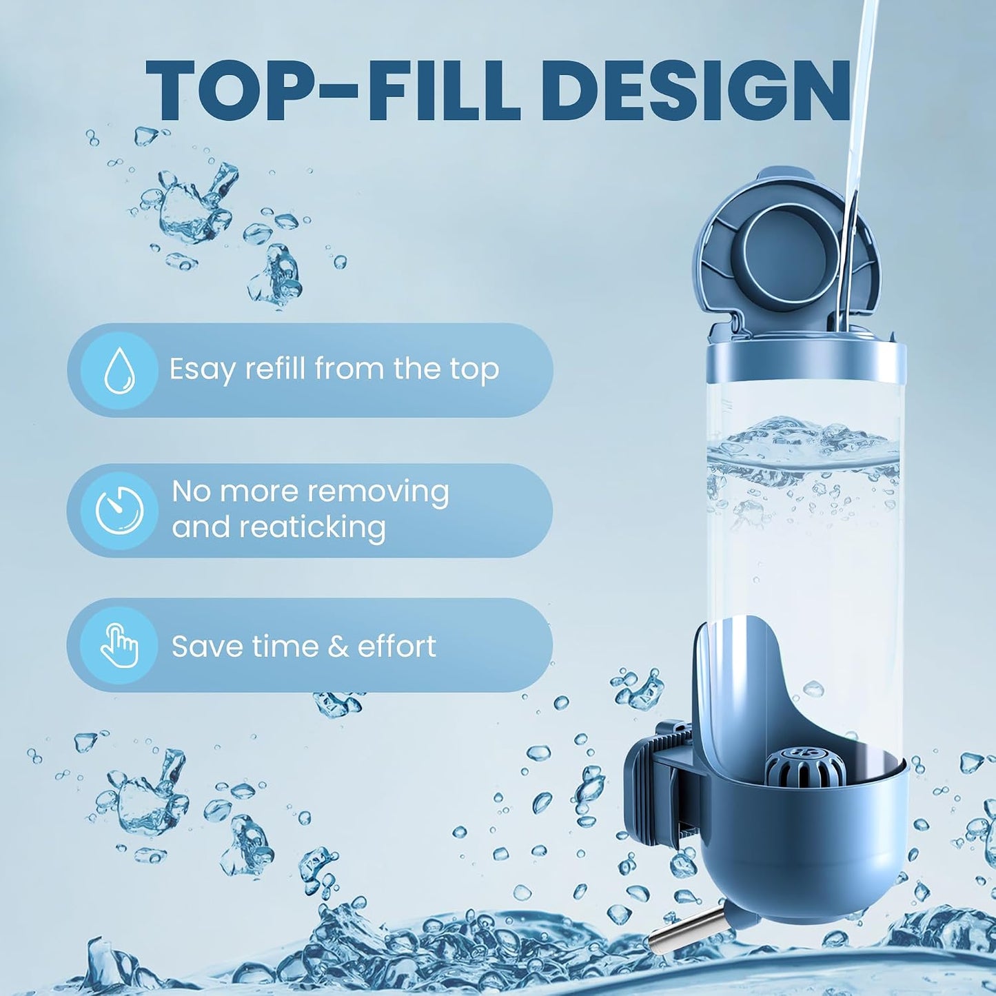 24oz Guinea Pig Water Bottle No Drip, Top Fill Rabbit Water Dispenser with Filter, Large Capacity Small Animal Water Bottle for Cage, Eco-Friendly ABS Bunny Chinchilla Waterer - Navy Blue - Image 4