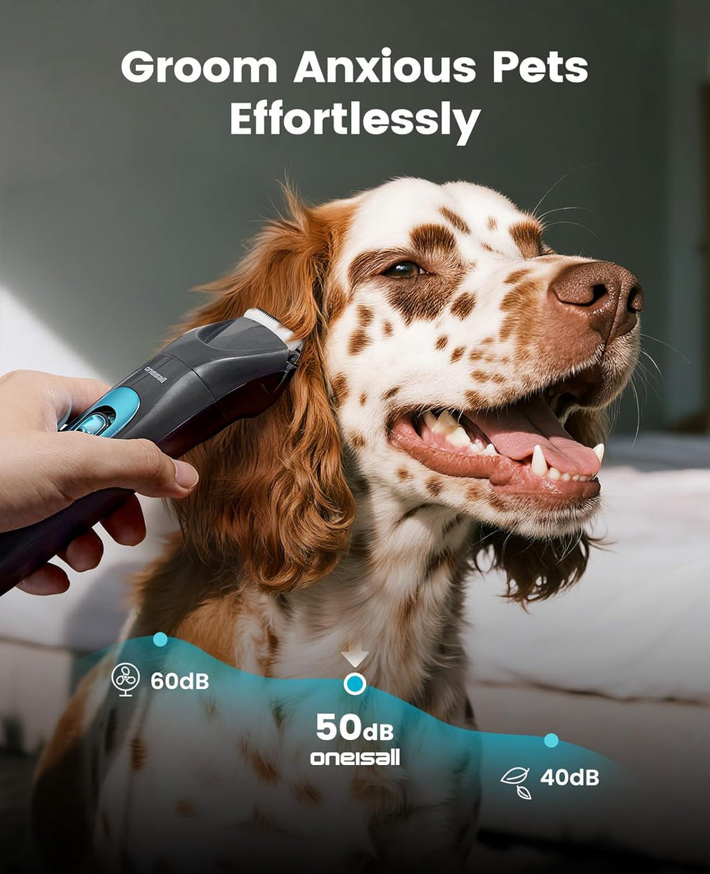 Four in one pet grooming set showing the quiet nail grinder attachment and multiple guard combs.
