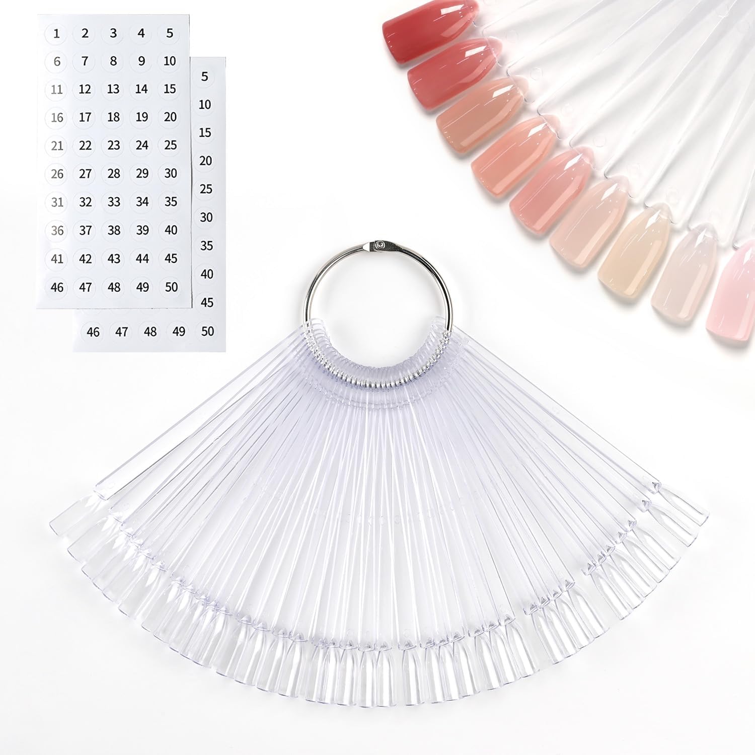 GAOY nail swatch sticks set with 50 clear tips and metal display ring