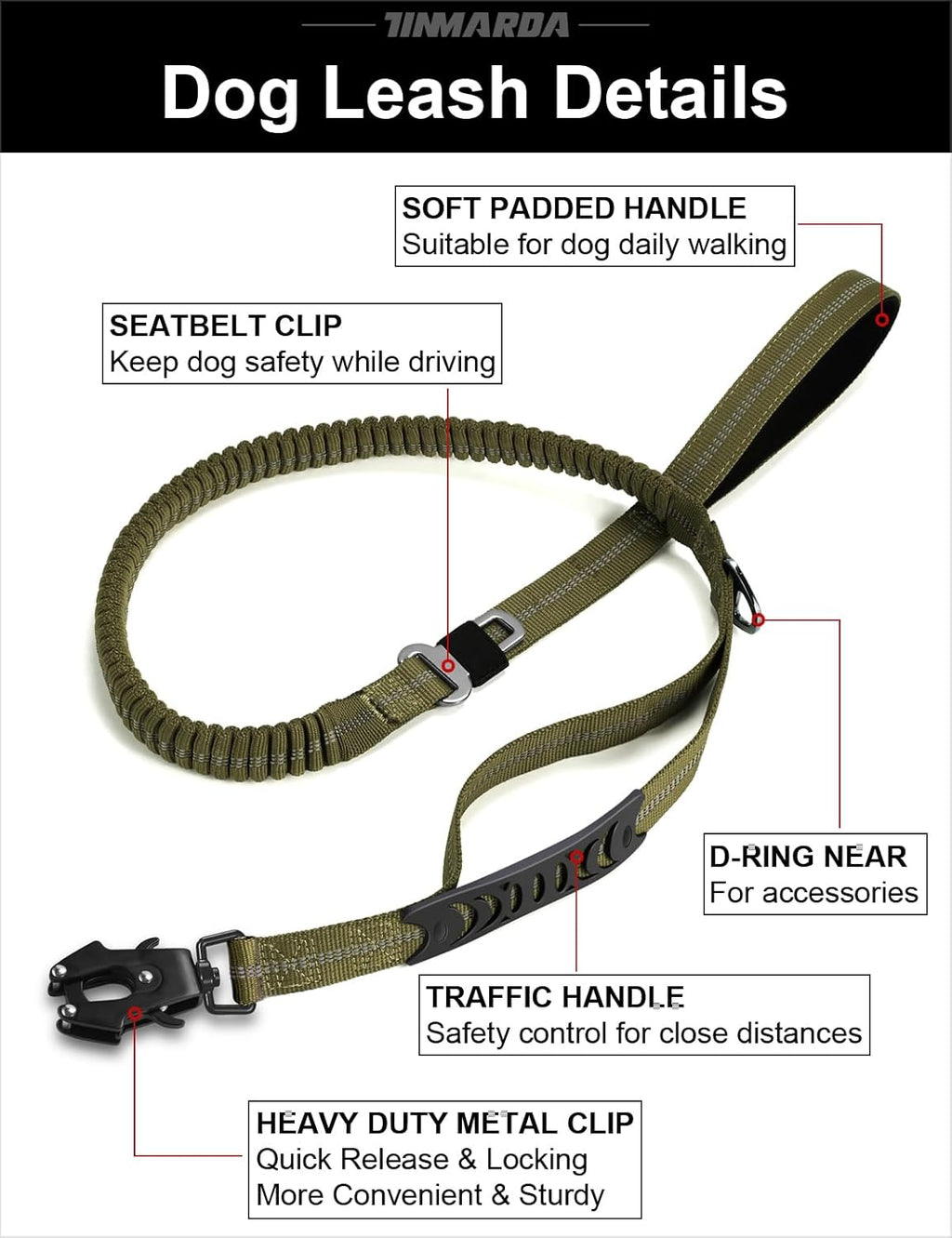 Tinmarda heavy duty dog leash attached to a harness for medium large dogs