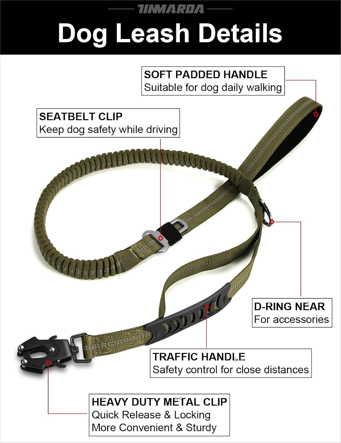 Tinmarda heavy duty dog leash attached to a harness for medium large dogs